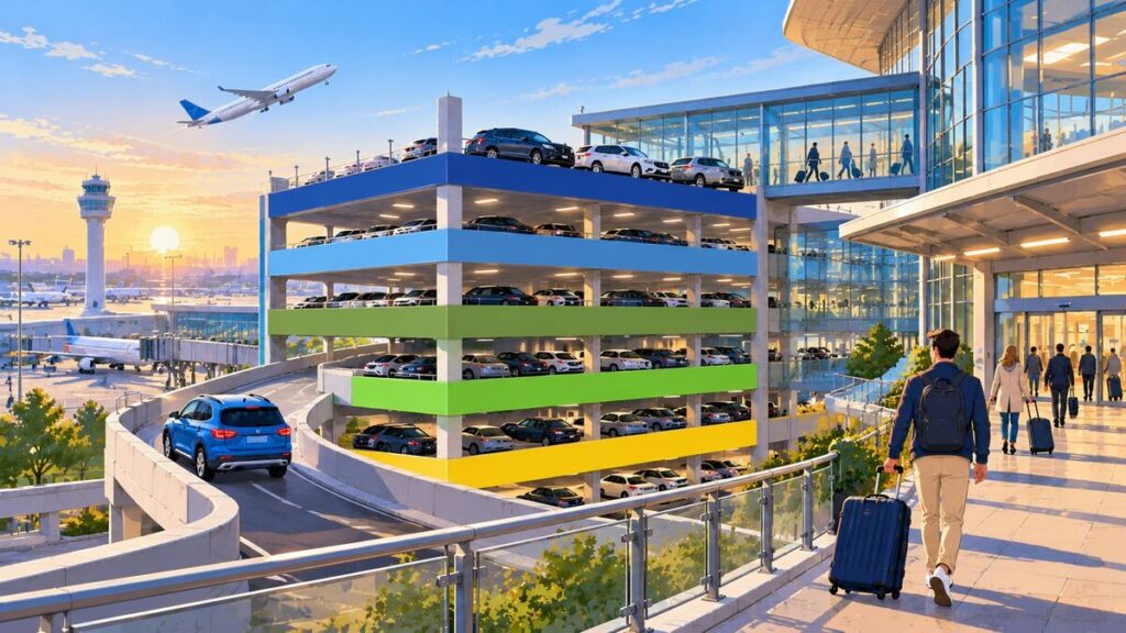 Parkhaus am Flughafen mit fünf farbig markierten Ebenen als Tarifstufen, ein Auto fährt auf die untere Ebene