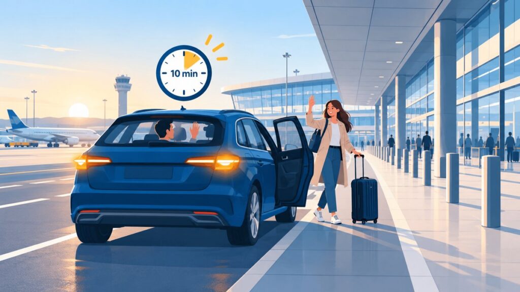 Kiss & Fly am Flughafen: Reisende steigt mit Koffer an der Terminalvorfahrt aus dem Auto und winkt, Uhr zeigt 10 Minuten