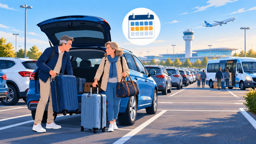 Paar lädt Koffer aus dem Auto auf einem Langzeitparkplatz am Flughafen, darüber ein Kalender mit drei markierten Wochen