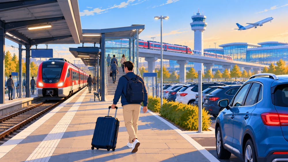 Reisender geht vom Auto auf dem Außenparkplatz zur S-Bahn, die zum Flughafenterminal fährt