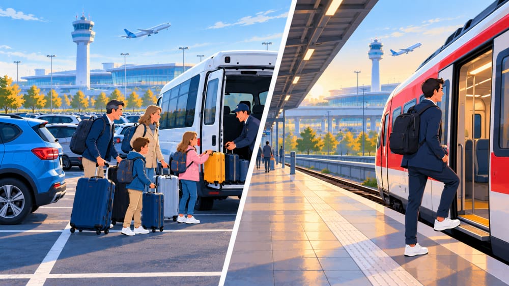 Links eine Familie mit viel Gepäck am Shuttle-Bus, rechts ein Geschäftsreisender mit Rucksack an der S-Bahn