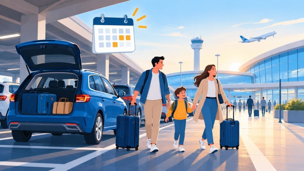 Familie mit Koffern geht vom geparkten Auto zum Flughafenterminal, darüber ein Kalender mit markierten Ferientagen