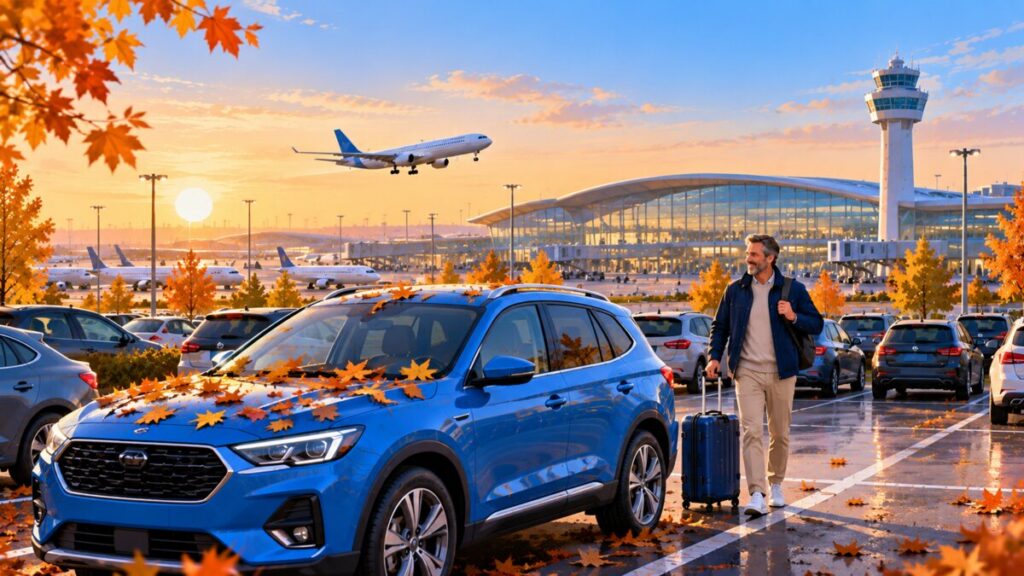 Auto mit Herbstlaub auf dem Dach auf einem Langzeitparkplatz am Flughafen, ein Reisender kommt mit Koffer zurück