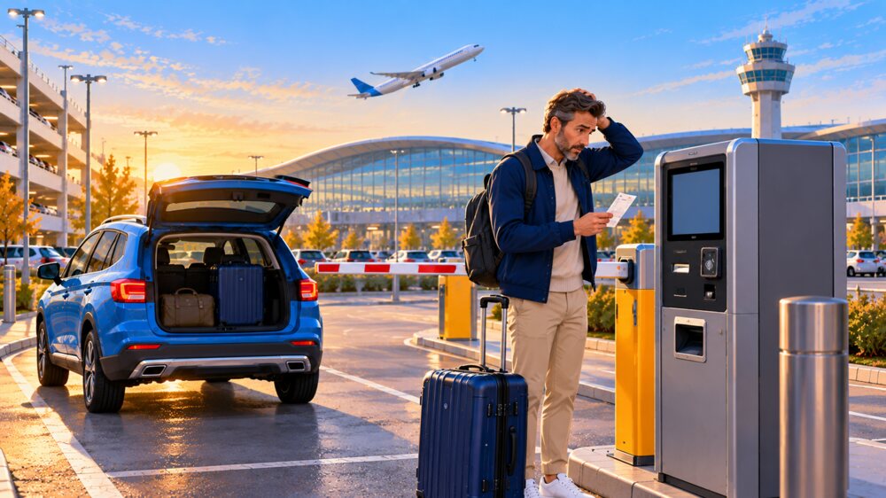 Reisender mit Koffer am Kassenautomaten eines Flughafenparkhauses, dahinter Schranke und Terminal